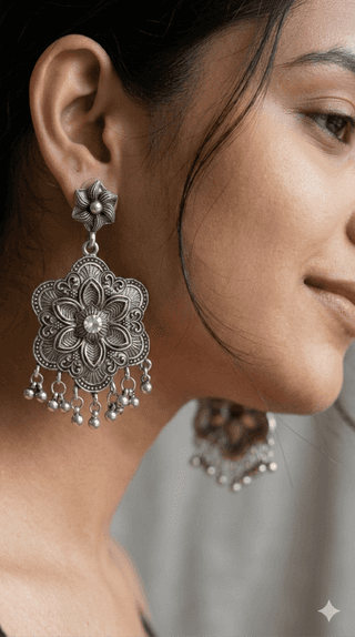 Ethnic Oxidized Silver Floral Statement Earrings with Ghungroo Drops
