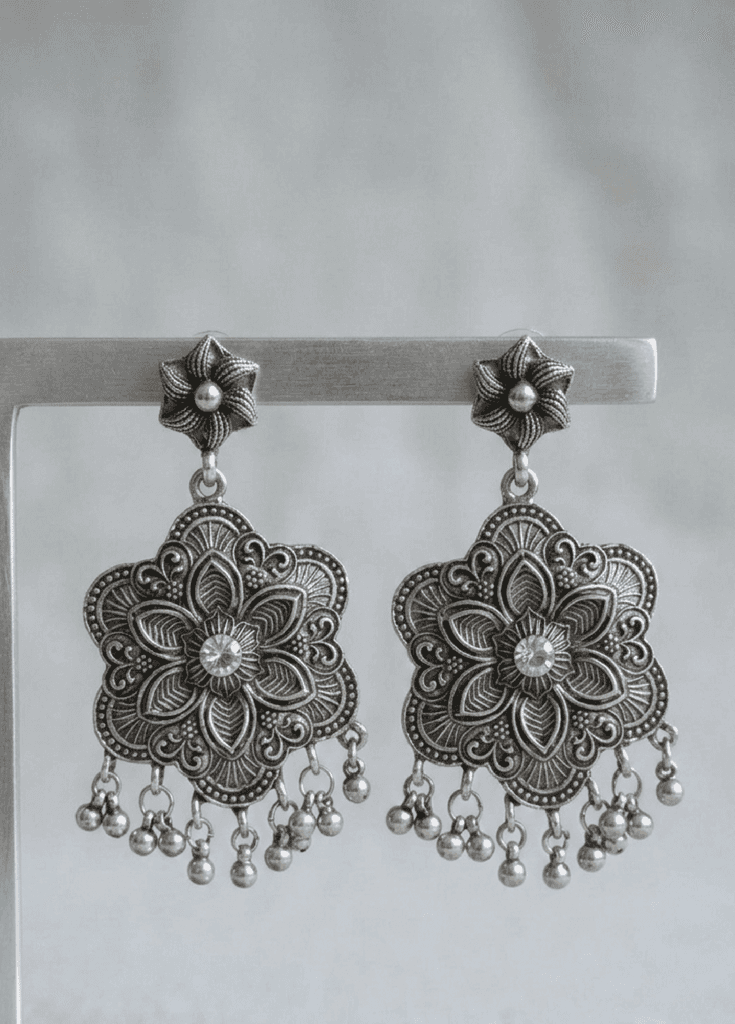 Ethnic Oxidized Silver Floral Statement Earrings with Ghungroo Drops view 2