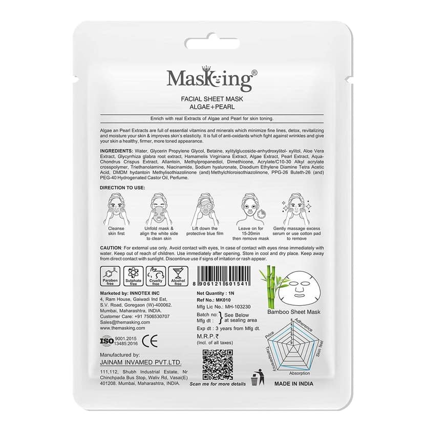 MasKing Bamboo Facial Sheet Mask of Algae & Pearl for Skin Toning Ideal for Women & Men 20ml, (Pack of 1) view 3