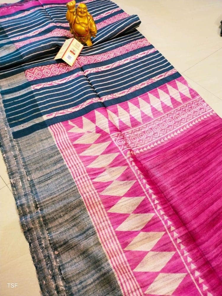 Silkmark Certified Tussar Silk Handloom Handblock Printed Pink and Blue Saree with Blouse-7036