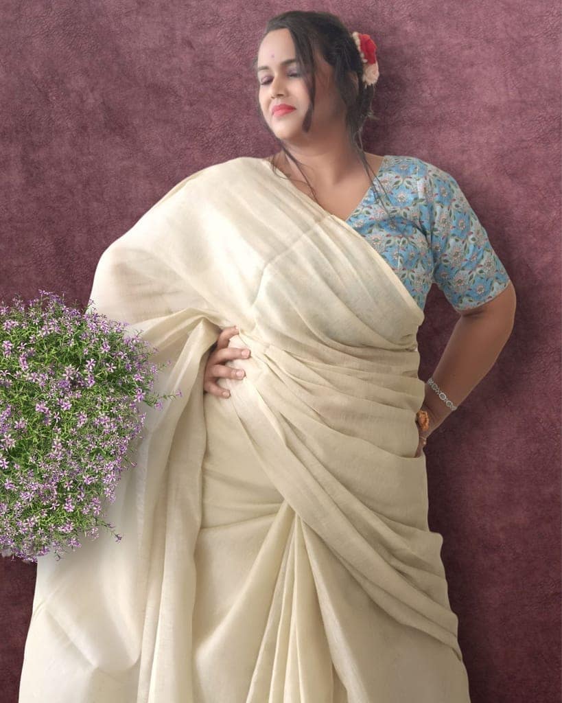 Pure Tissue Linen Hand Dyed Saree Off White Color with running blouse-5728 view 3