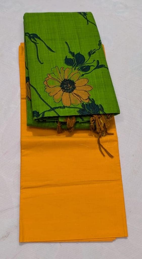 Green and yellow cotton dress material with floral print view 2