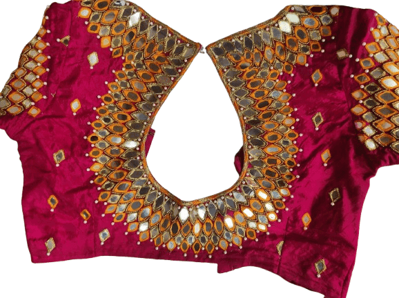 Maroon Velvet Mirror Work Blouse With Elbow Sleeves For Women view 3