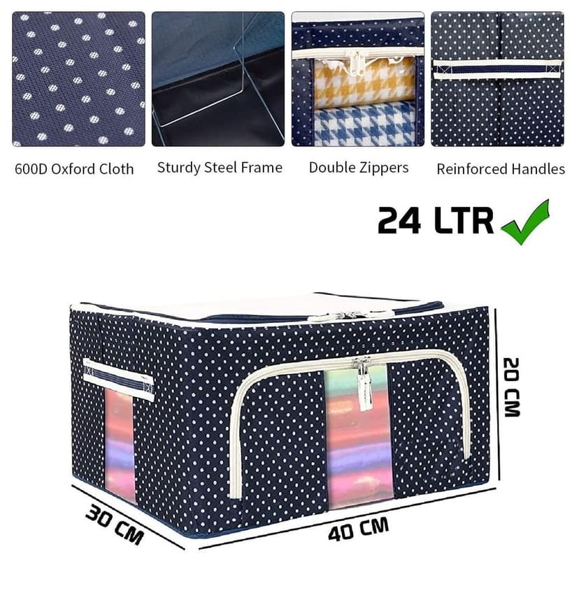 Mehtab Storage Box Frame Clothes | Foldable with Steel Frame | Polka Dots Design | Cover Saree Shirts Blankets Clothes Organiser with Transparent Window Pack Of 1 view 2