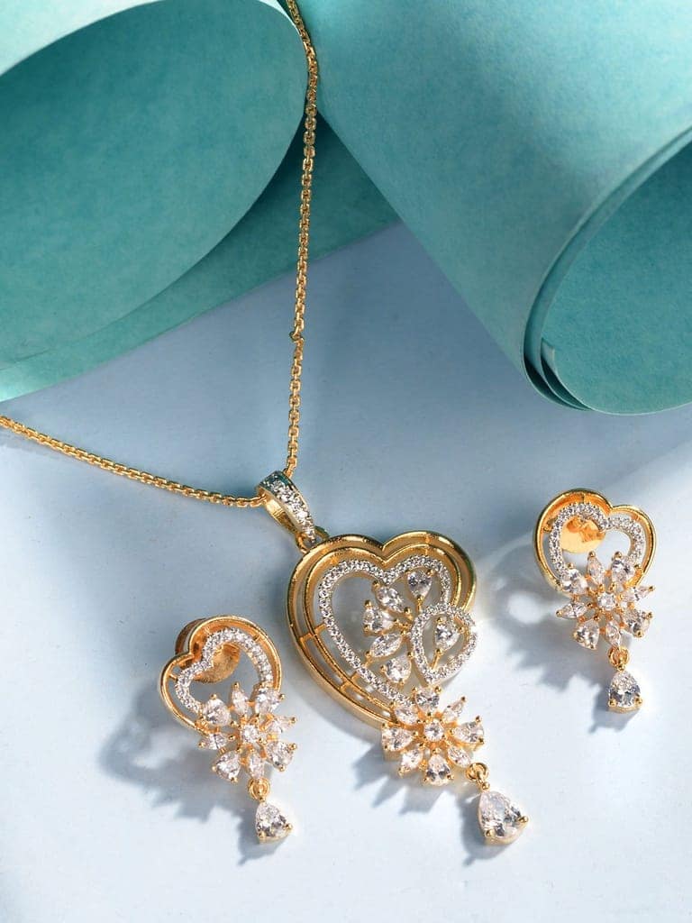 Gold Toned AD Heart Shaped Designer Locket Jewellery Set view 7