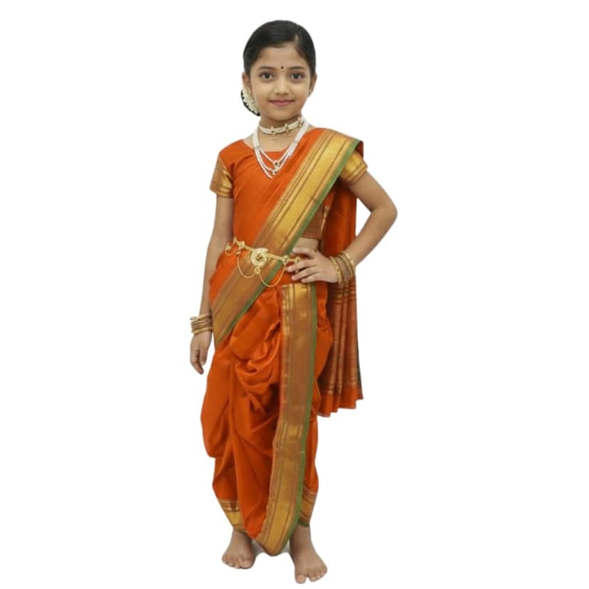 Mom and Me Peshwai Nauwari Saree for Kids (1–10 Years) Ready to Wear Maharashtrian Traditional Dress | Belgaon Silk with Cotton Lining | Stitched Blouse Included (Orange, 15-16 Years)