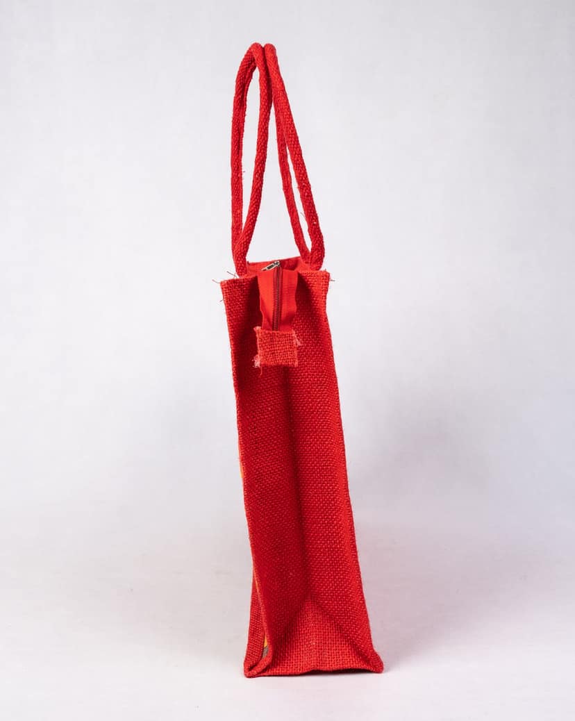Vibrant Plaid Multicolored Jute Tote Bag with Floral Applique & Zipper view 2