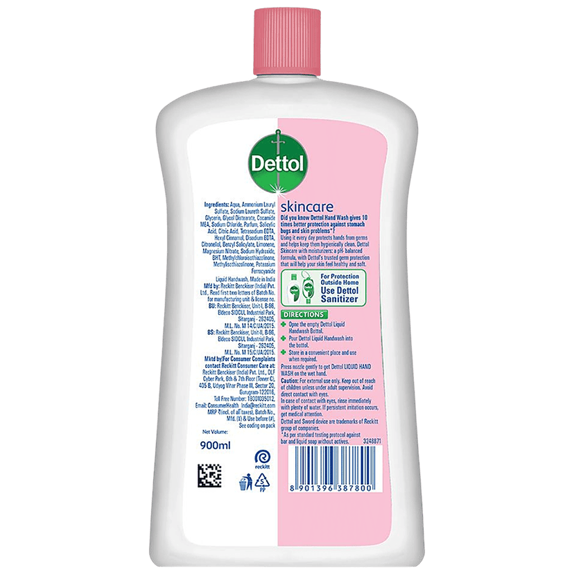 Dettol Liquid Handwash - Skincare Moisturizing Hand Wash, Antibacterial Formula, 10X Better Germ Protection, 900 Ml Refill Bottle view 2