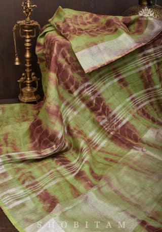 Hand Shibori Dye Pure Linen by Linen Saree in Green