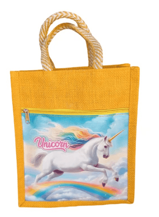 Yellow Jute Unicorn Bag for Kids & Girls | Eco-Friendly Rainbow Design Return Gift Pouch