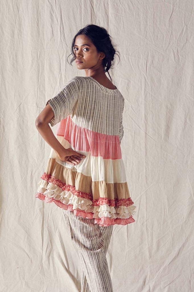 Ruffled Hemline Tunic In Striped Organic Cotton And Off White And Red Checks Cotton Khadi Mulmul view 2