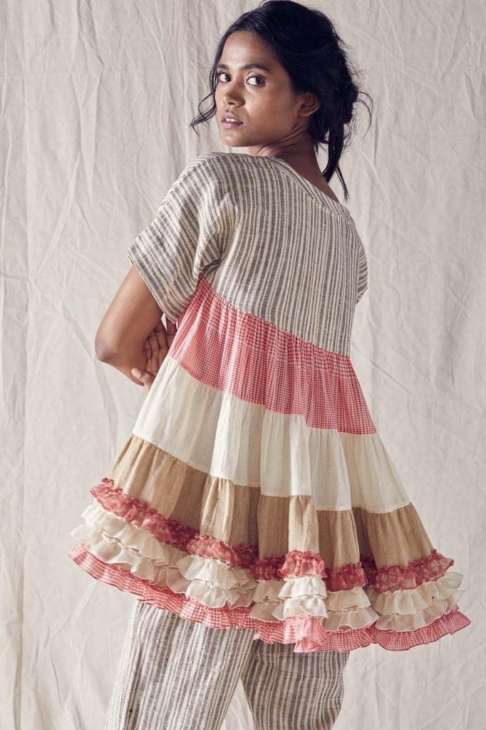 Ruffled Hemline Tunic In Striped Organic Cotton And Off White And Red Checks Cotton Khadi Mulmul view 4