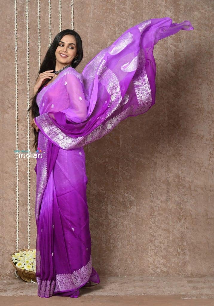 Handloom Khaddi Georgette Saree With Sleek Border ~ Ombre Lilac (Silk Mark) view 2