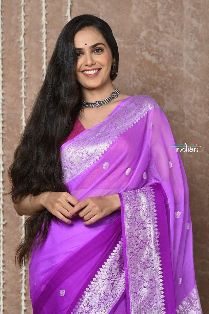 Handloom Khaddi Georgette Saree With Sleek Border ~ Ombre Lilac (Silk Mark) view 5