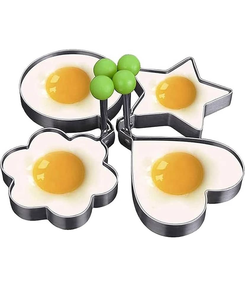 THRIFTKART - Egg Ring Molds for Cooking 4 Pack Griddle Egg Rings Stainless Steel Egg Cooking Rings Heart, Flower, Star, Round Pancake Mold Set