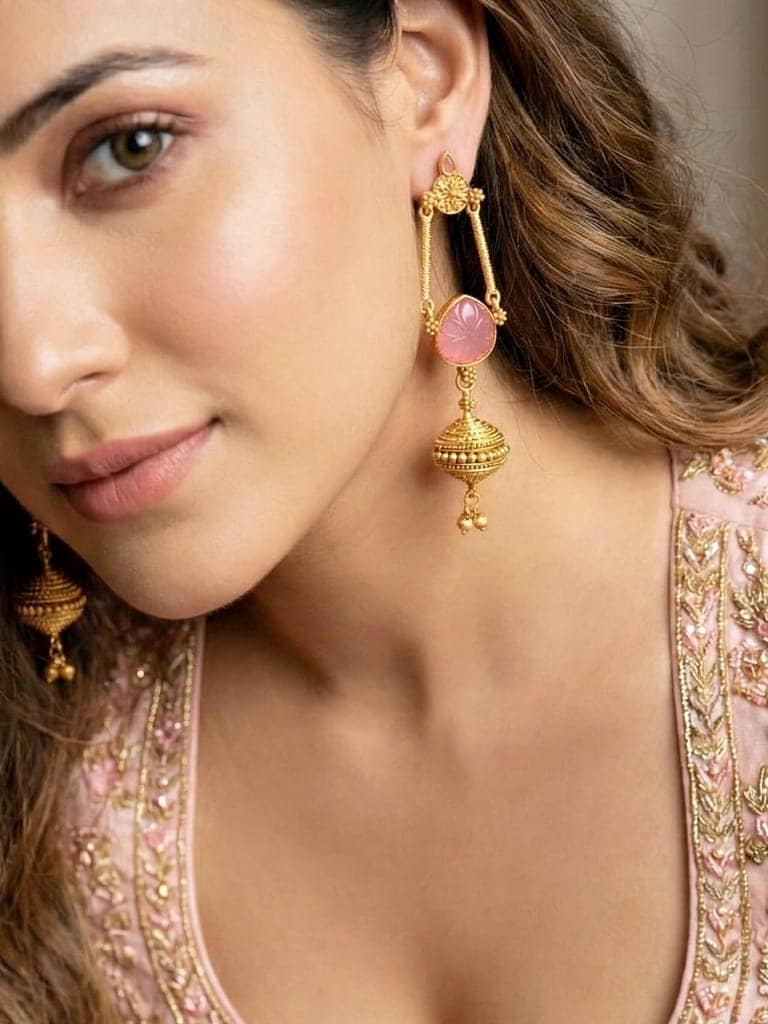 LUCKY JEWELLERY Trendy Oxidised Gold Pink Stone Earrings for Girls & Women (370-KEG-13541-PK) view 3