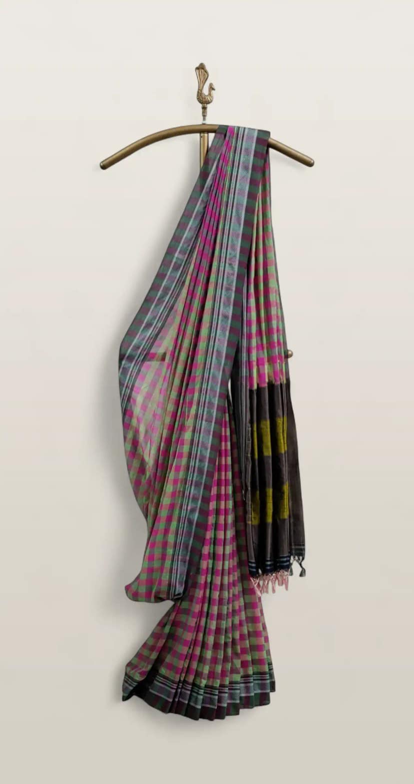 Handwoven Ilkal Cotton Saree in Pink, Green and Silver Checks view 3