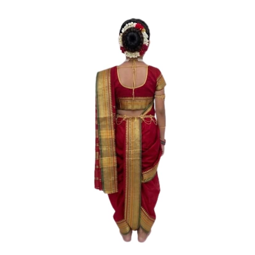 Mom and Me Girls' Ready-to-Wear Mastani Nauwari Saree with Stitched Blouse | Traditional Maharashtrian Ilkal Border | Soft Acrylic Cotton | Age 12 Months to 15 Years (Red, 6-7 Years) view 2