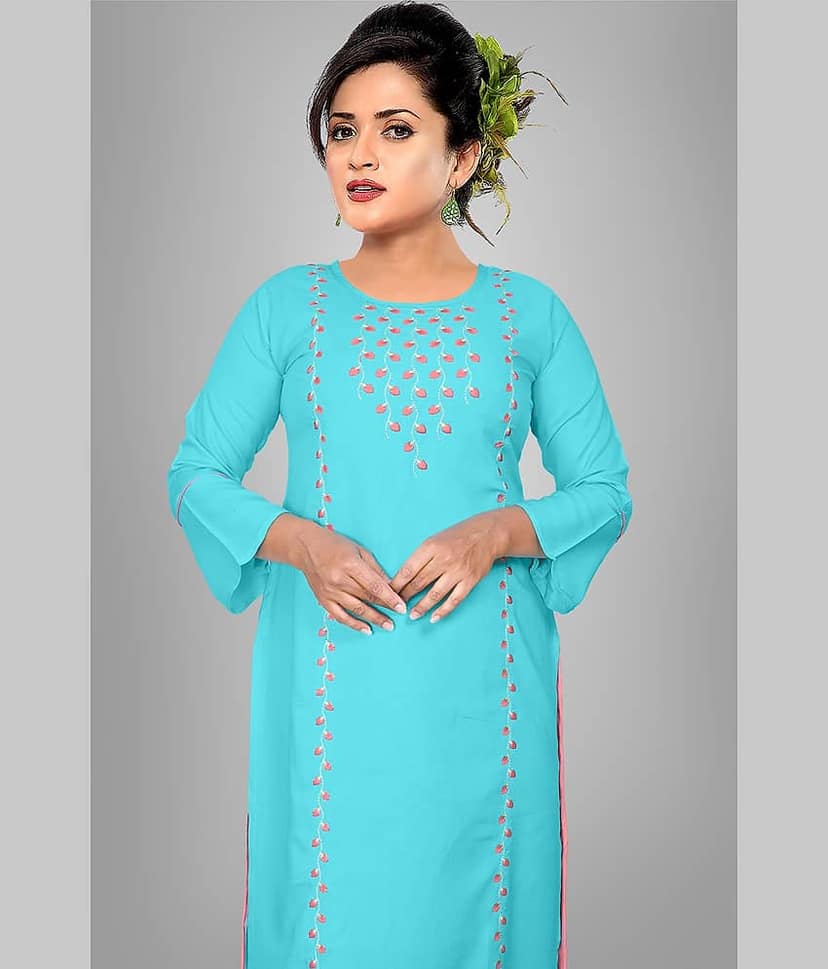 HAYA - Light Blue Rayon Women's Straight Kurti ( Pack of 1 ) view 2