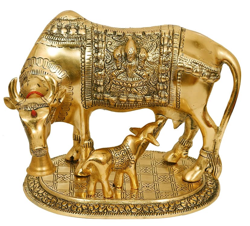 DreamKraft Metal Gold Elegant Kamdhenu cow and calf statue For Home Decor and Gift