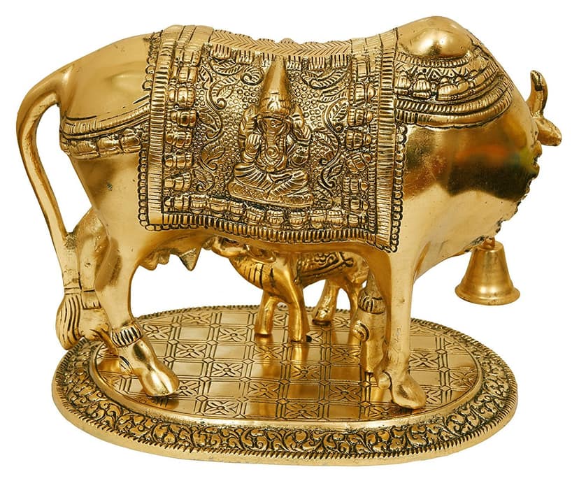 DreamKraft Metal Gold Elegant Kamdhenu cow and calf statue For Home Decor and Gift view 2