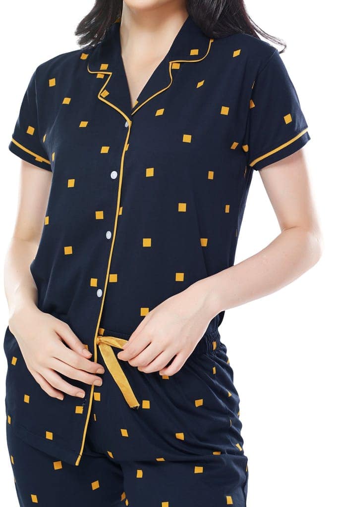 ZEYO Women's Cotton Navy Blue & Peach Square Printed Stylish Night suit set view 2