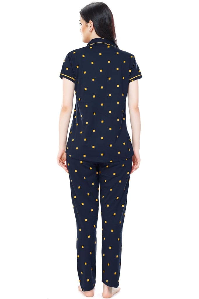 ZEYO Women's Cotton Navy Blue & Peach Square Printed Stylish Night suit set view 3