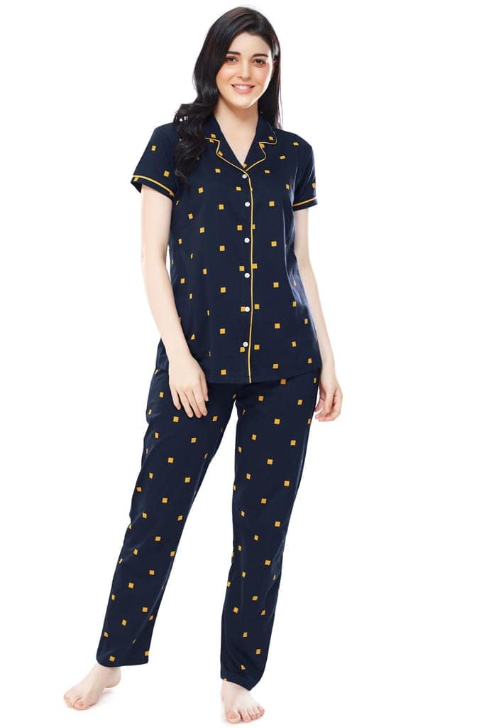 ZEYO Women's Cotton Navy Blue & Peach Square Printed Stylish Night suit set view 5