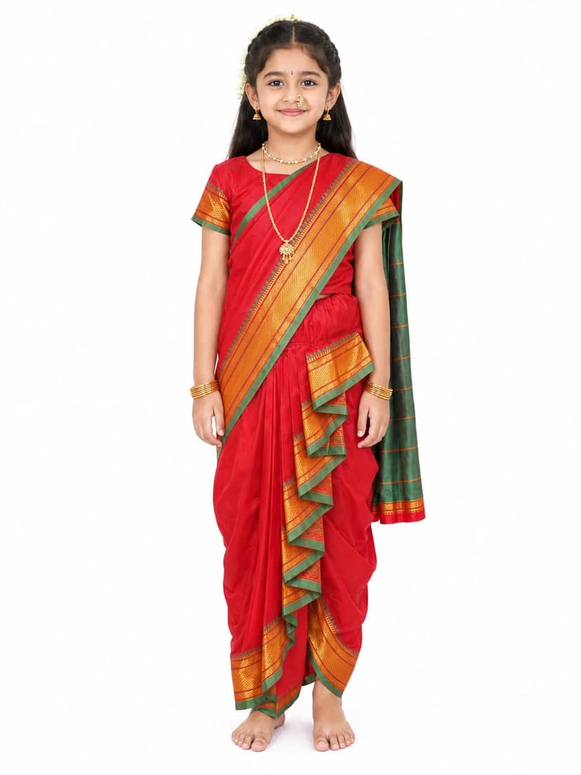 luster Shahi Mastani Nauvari saree for kids/girls Ready-to-wear with a stitched blouse, Traditional Maharashtrian Marathi saree, for School program ganpati pujas festival (Red, 14-15 Years)