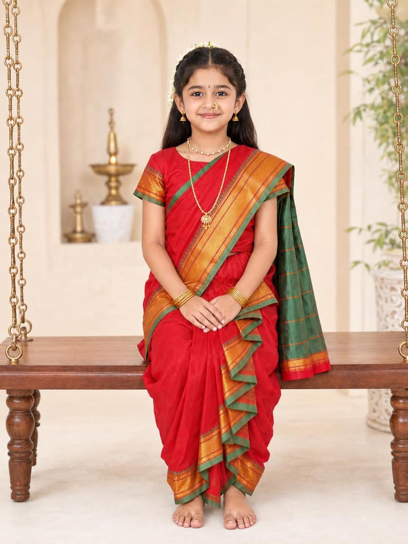 luster Shahi Mastani Nauvari saree for kids/girls Ready-to-wear with a stitched blouse, Traditional Maharashtrian Marathi saree, for School program ganpati pujas festival (Red, 14-15 Years) view 2