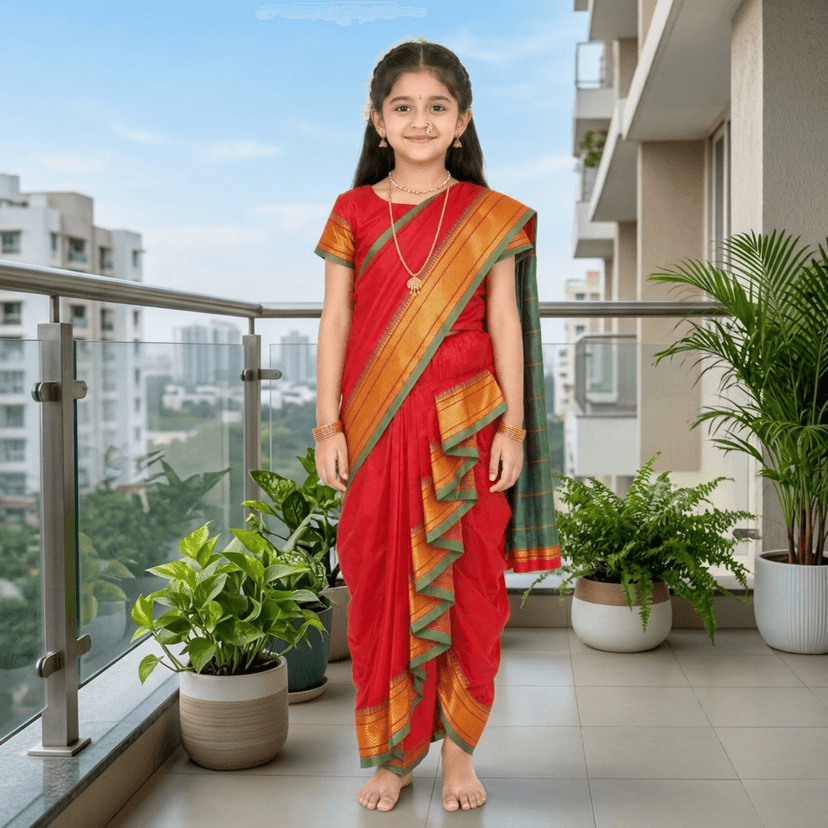 luster Shahi Mastani Nauvari saree for kids/girls Ready-to-wear with a stitched blouse, Traditional Maharashtrian Marathi saree, for School program ganpati pujas festival (Red, 14-15 Years) view 3