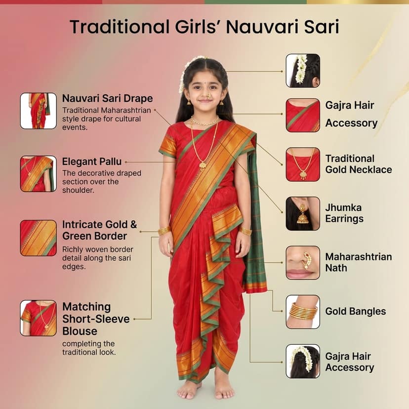 luster Shahi Mastani Nauvari saree for kids/girls Ready-to-wear with a stitched blouse, Traditional Maharashtrian Marathi saree, for School program ganpati pujas festival (Red, 14-15 Years) view 4