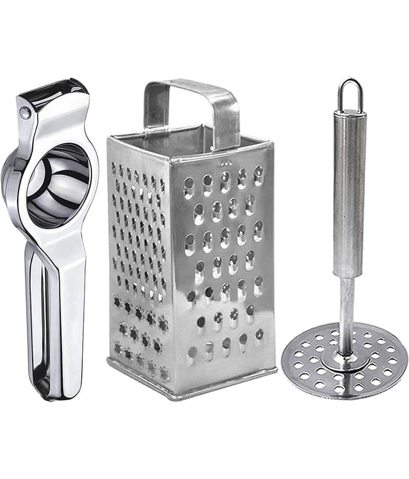 JISUN - Silver Stainless Steel Lemon Squeezer & Grater & Potato Masher ( Set of 3 )