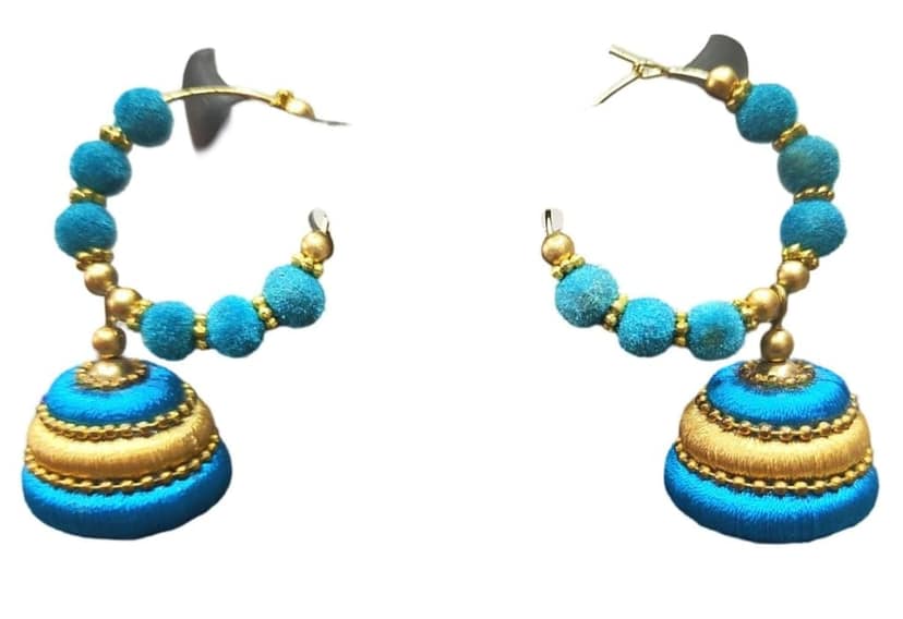 Blue Silk Thread Jhumka Earrings with Golden Beads