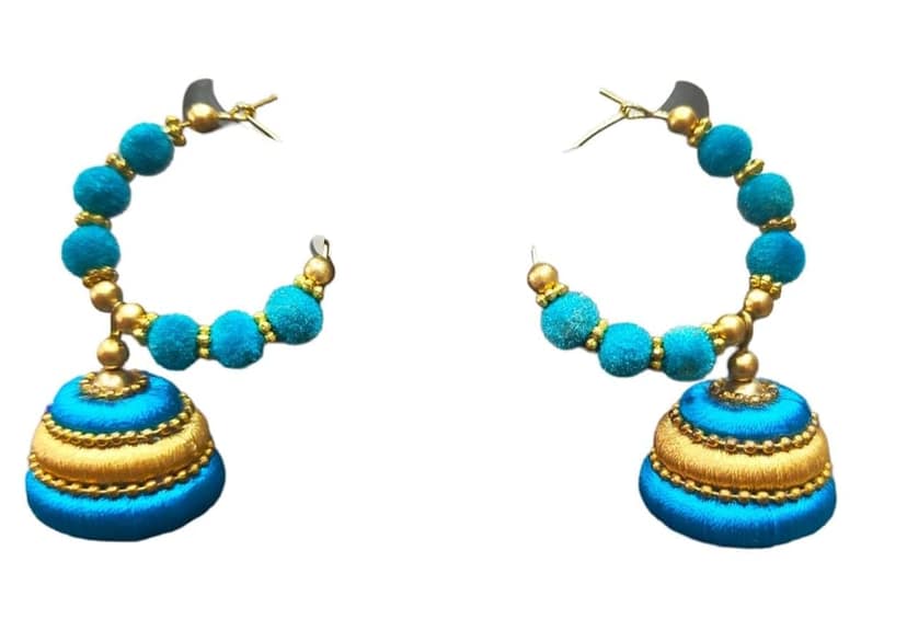 Blue Silk Thread Jhumka Earrings with Golden Beads view 3