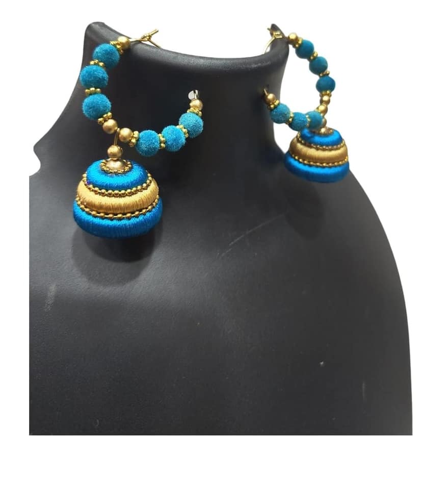 Blue Silk Thread Jhumka Earrings with Golden Beads view 4