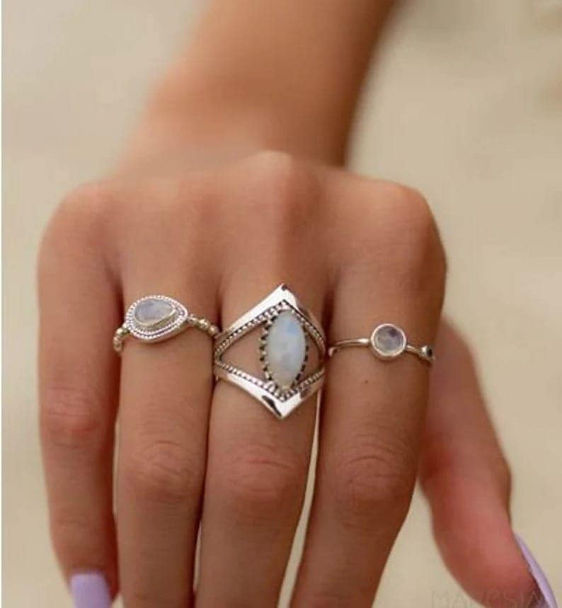 Moonstone & Blue Topaz Ring, 925 Sterling Silver Ring Tow Stone Minimalist Ring, Round Moonstone Handmade Ring Beautiful Jewelry view 3