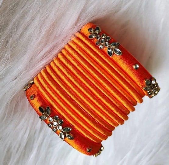 Orange Silk Thread Bangle Set with Kundan Stones for Women view 2