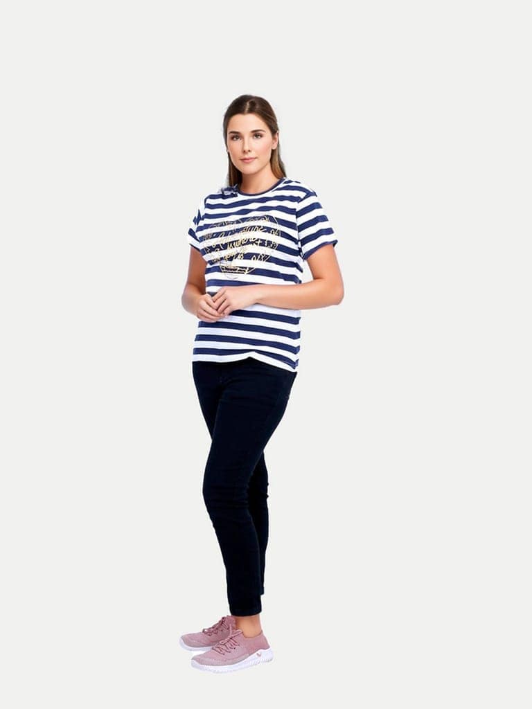 Women Blue Striped Printed T-shirt view 3