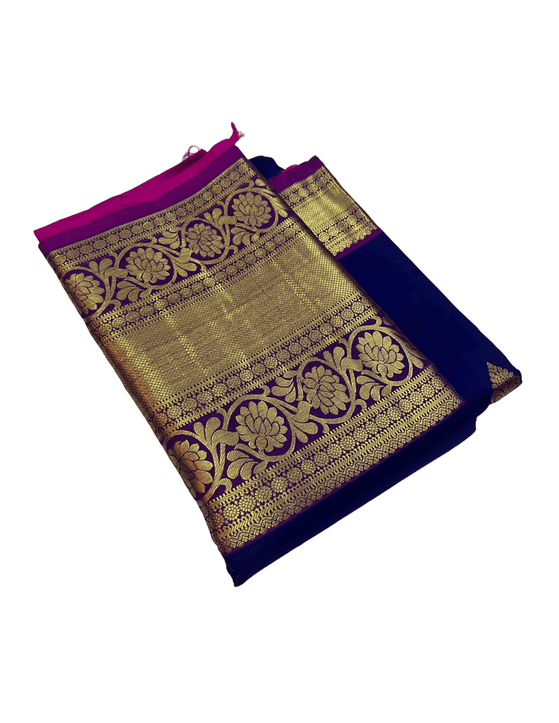 Navy Blue with pink Color Saree Has Thilagam Lotus Flower Butta with Unstitched Blouse view 5