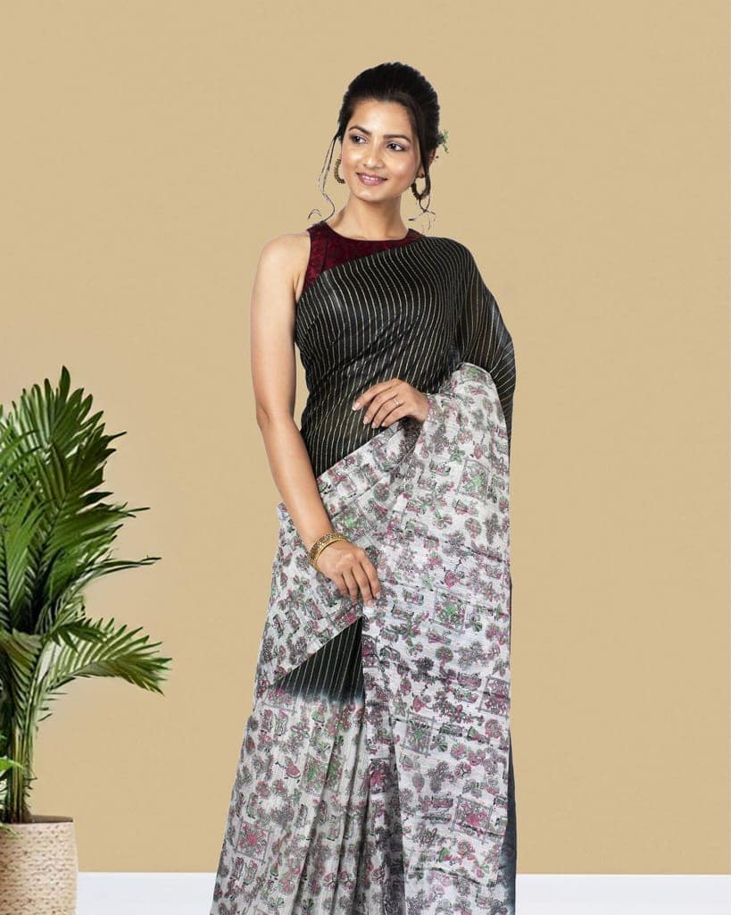 Kota Silk Saree Black & White Color Body Striped with Sequence Pallu, Half Dye Half Print and Running Blouse-7168