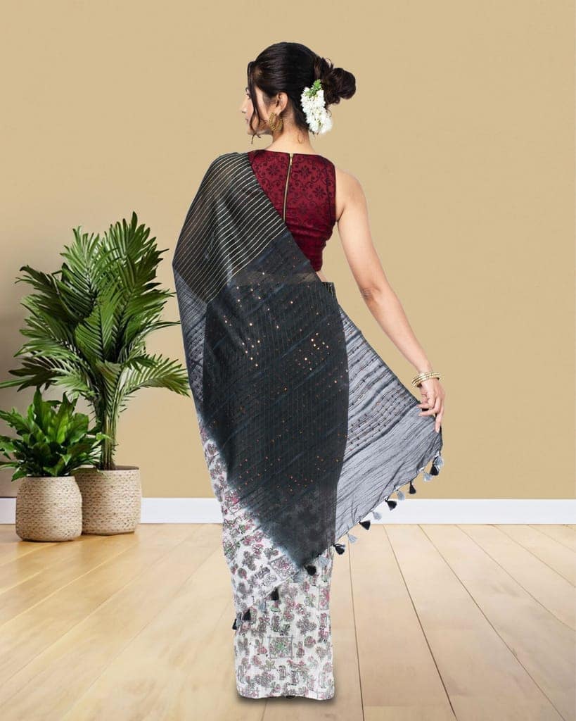 Kota Silk Saree Black & White Color Body Striped with Sequence Pallu, Half Dye Half Print and Running Blouse-7168 view 3