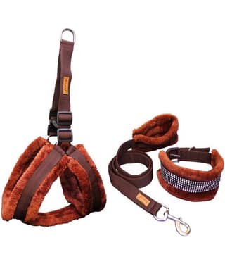 Petshop7 Nylon Dog Harness , Dog Collar & Leash Set with Fur Medium (Chest Size - 27-32inch) Brown