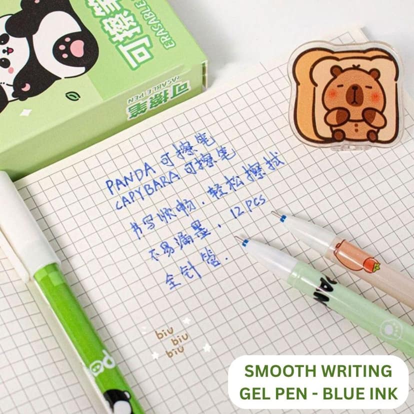 Cute Panda Erasable Gel Pens Set of 12 | Blue Ink 0.5mm Fine Tip Kawaii Pens for School & Office view 2
