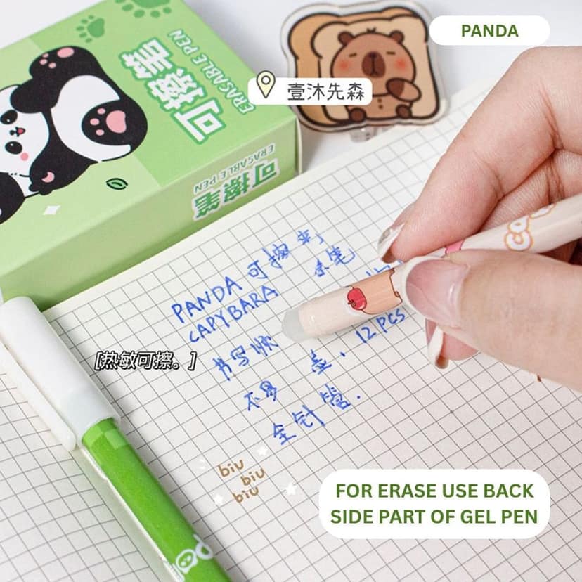 Cute Panda Erasable Gel Pens Set of 12 | Blue Ink 0.5mm Fine Tip Kawaii Pens for School & Office view 4