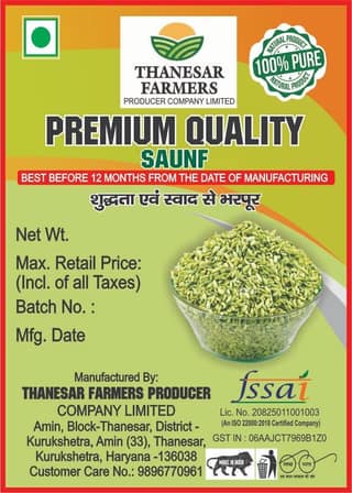 Thanesar Farmers Premium Quality Saunf (Fennel Seeds) 100 gram * 5 Packet