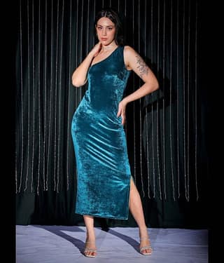 Freehand Women Elastane Solid Asymmetric Dress ( Green )