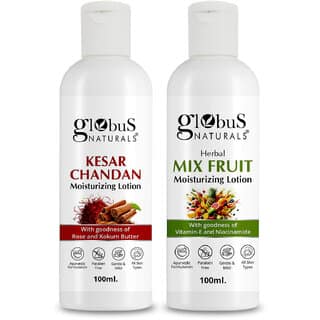 Globus Naturals Body Lotion Combo Set of 2 Kesar Chandan Mix Fruit Body Lotion For NonGreasy Lightweight Body Moisturizer for Women Men All Skin Types