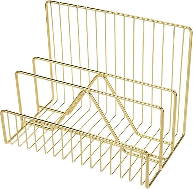 File and Magazine Holder - Book Shelf Organiser Small book shelf for table Metal Letter Organiser with 3 Compartments, Desk Table Decor, Letter Document Sorter (Gold) view 2