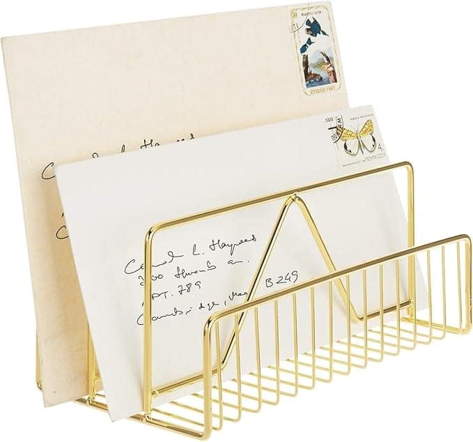 File and Magazine Holder - Book Shelf Organiser Small book shelf for table Metal Letter Organiser with 3 Compartments, Desk Table Decor, Letter Document Sorter (Gold) view 3